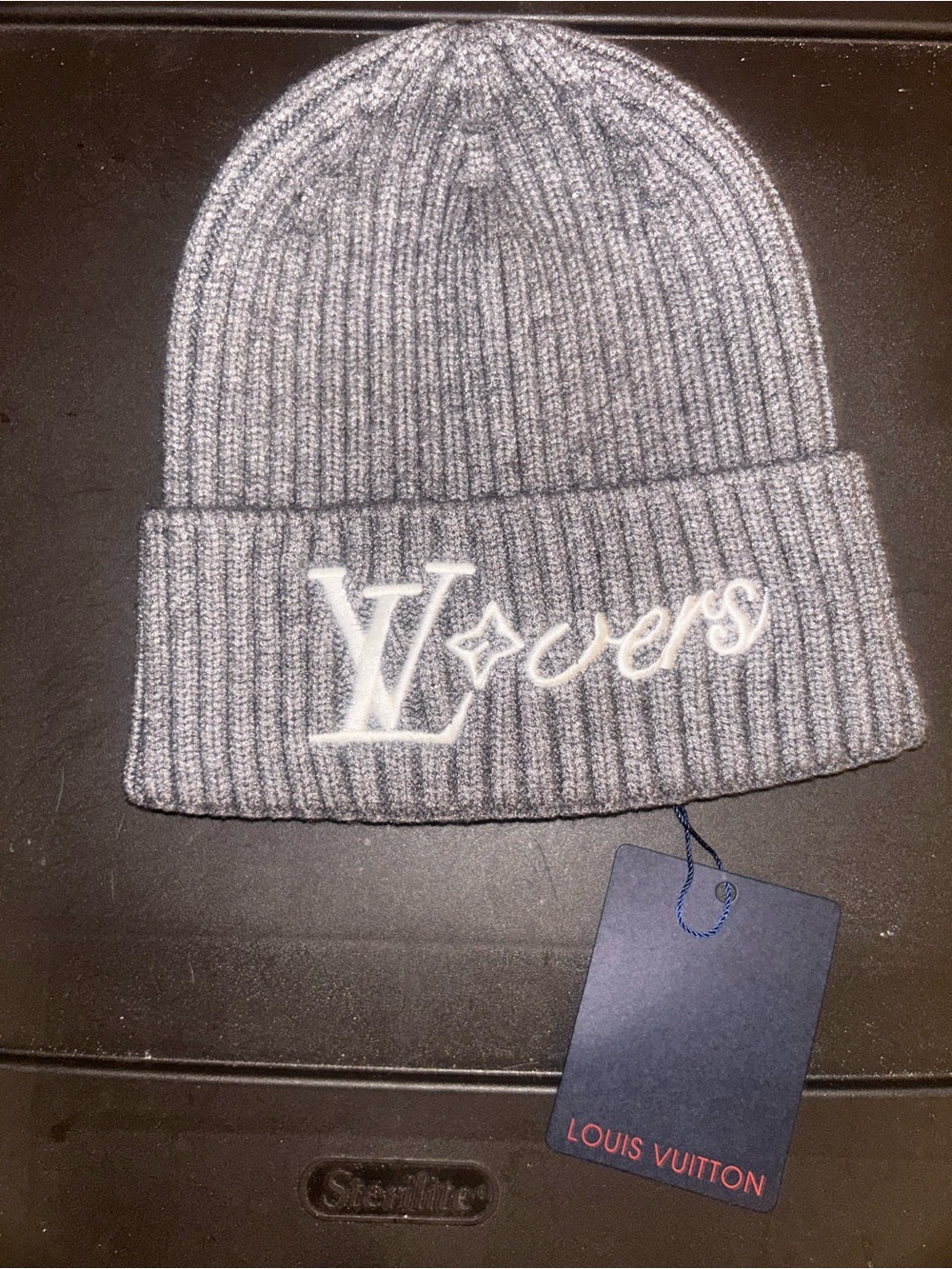 Louis Vuitton Charcoal Gray Ribbed Knit Beanie with LV Embroidery